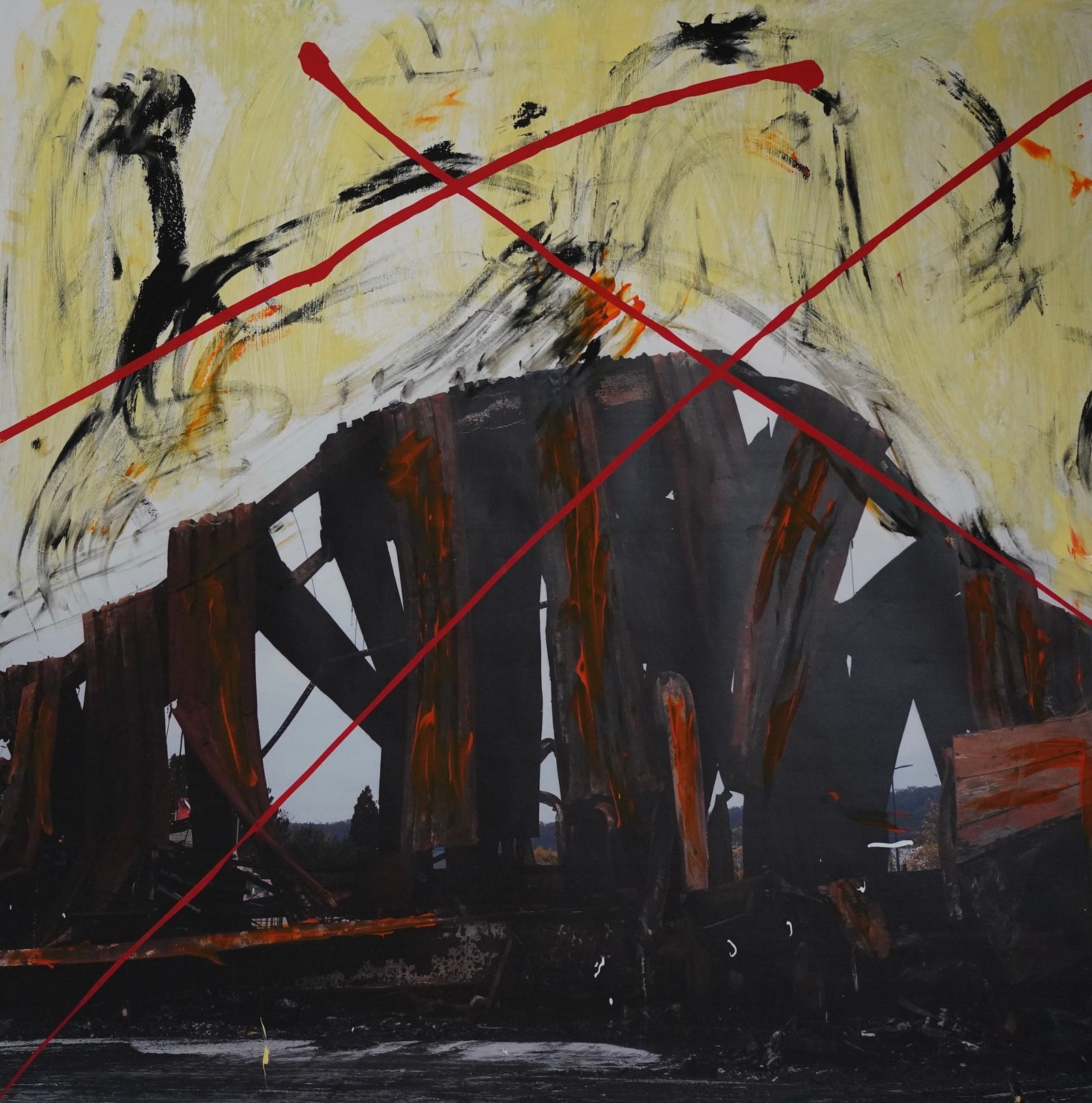 BURNING (2024) – Gemälde von Thomas Anderer, Mixed Media auf Leinwand, 120 × 120 cm